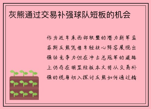 灰熊通过交易补强球队短板的机会