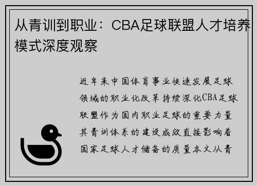 从青训到职业：CBA足球联盟人才培养模式深度观察
