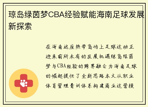 琼岛绿茵梦CBA经验赋能海南足球发展新探索